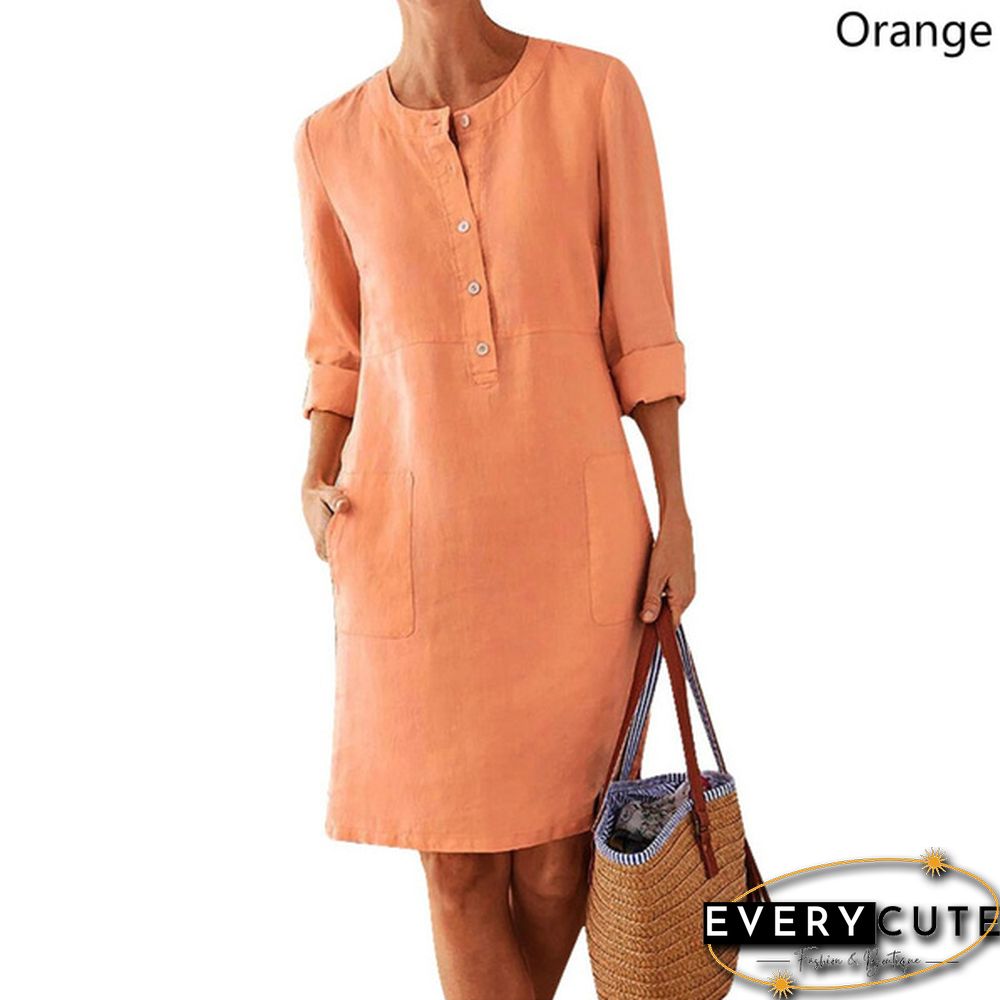 Women Casual Round Neck Dress Cotton And Linen Loose Botton Plus Size Long Sleeve Midi Dress