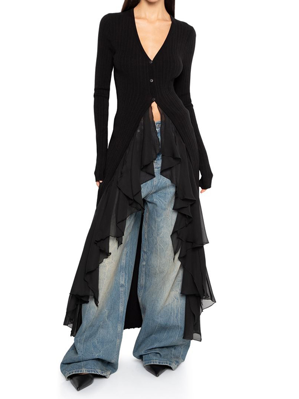 Irregular Ruffle Long Sleeve V Neck Loose Blouses