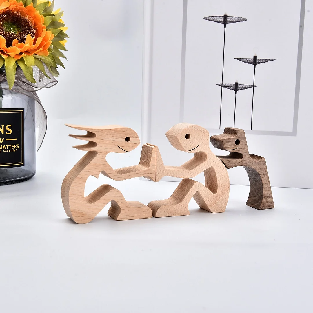Handmade Wood Dog Decor Sculptures Craft Creative Figurine Ornement Decoration For Bedroom Home Office Decor Gift Natural