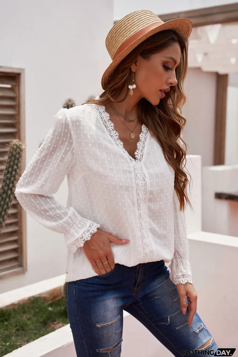 Elegant V-Neck Swiss Dot Lace Blouse