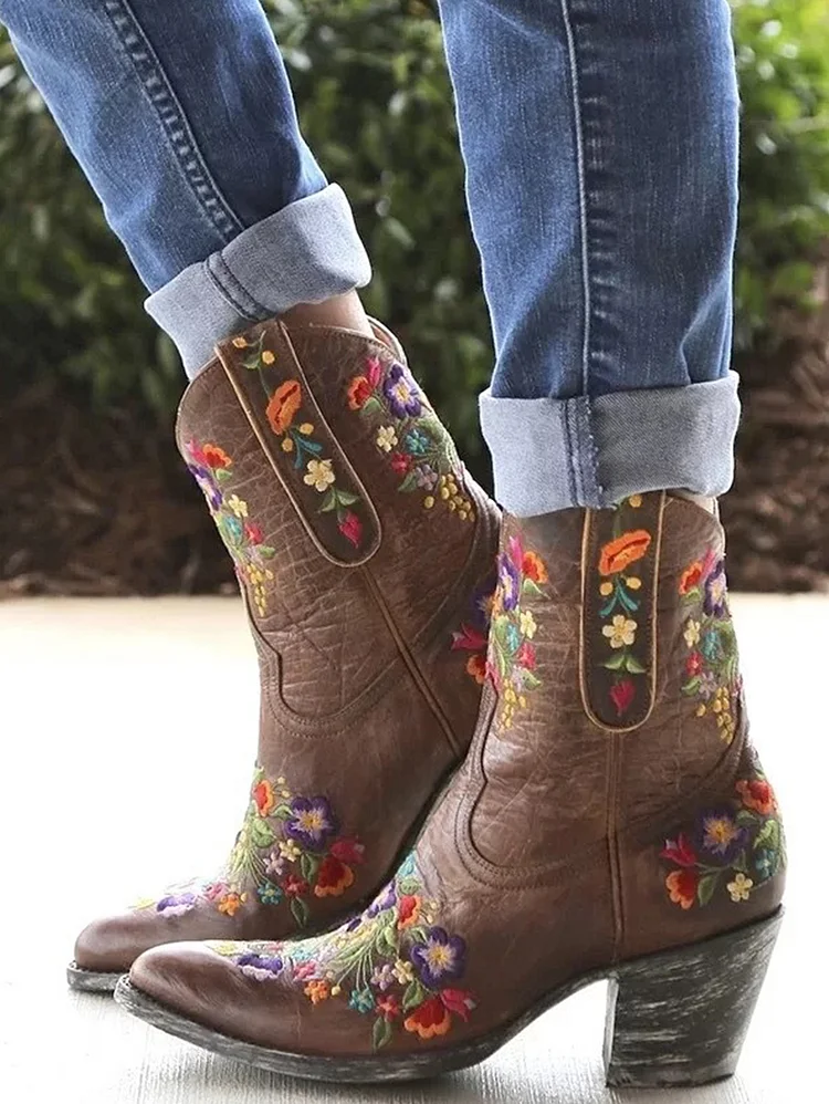 Embroidered Flowers Pointed Toe PU Leather Short Boots