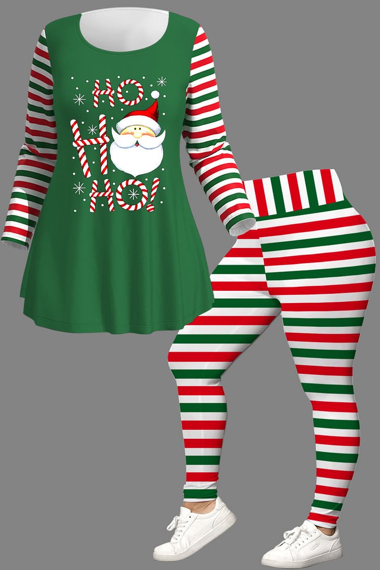 Plus Size Christmas Green Santa Claus Snowflake Striped Patchwork Print Two Piece Pant Set