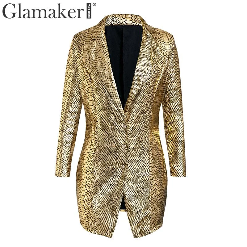 Glamaker Gold snake print sexy v-neck short dress Bodycon elegant buttons mini blazer dress Female 2020 night party club dress