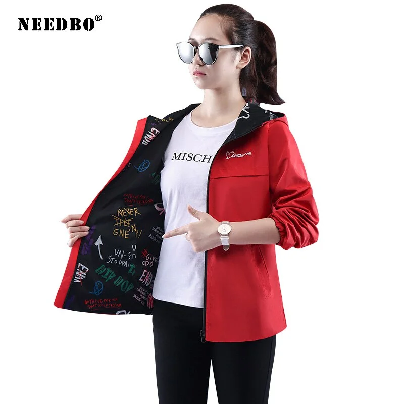 NEEDBO Women Hooded Jackets Two Side Wear Print Outwear Coat Female Windbreaker Tops Pocket Zipper Jackets Causal Windbreaker