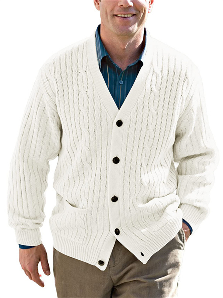 Stylish Solid Color V-neck Long Sleeve Men's Knitted Sweater Cardigan