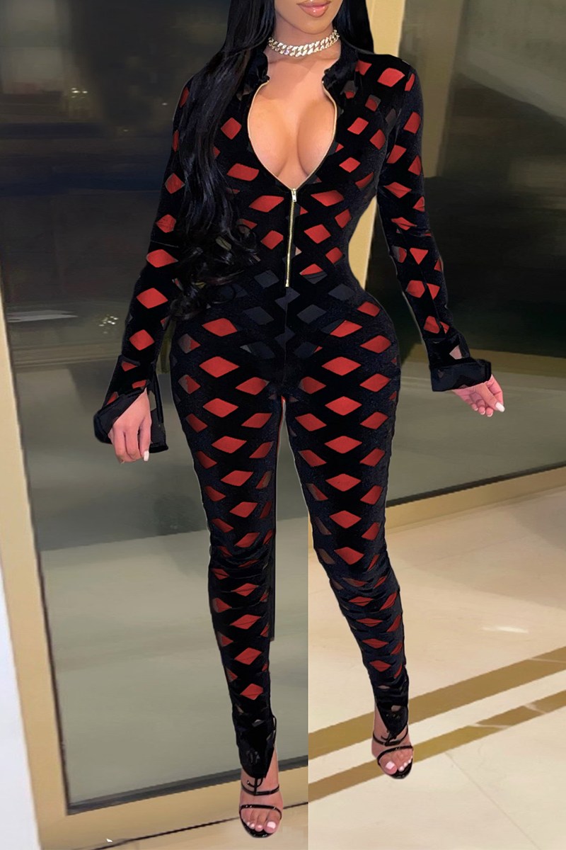 Red Sexy Solid Mesh Zipper Collar Skinny Jumpsuits | EGEMISS