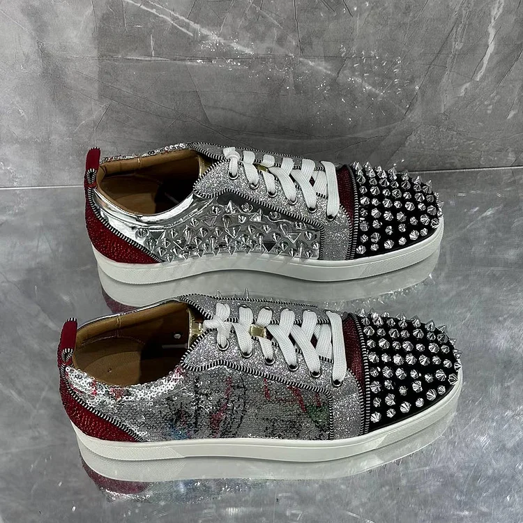 Gentleman's silver rivets red rhinestone sneakers and red bottom Shoes VOCOSI VOCOSI