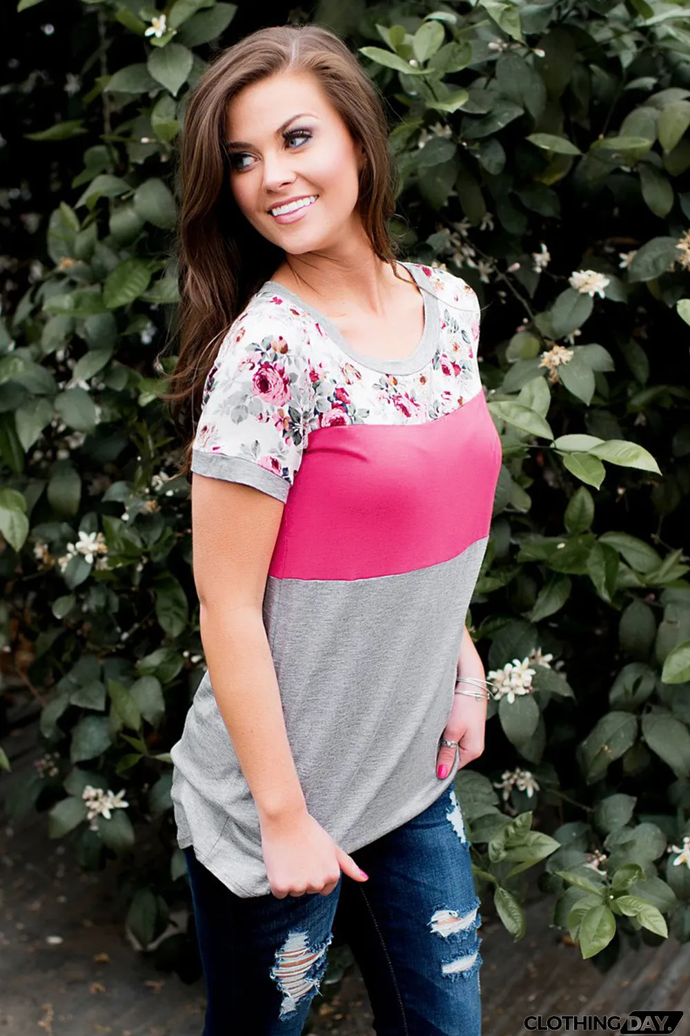 Rose Floral Print Splicing Colorblock Tee