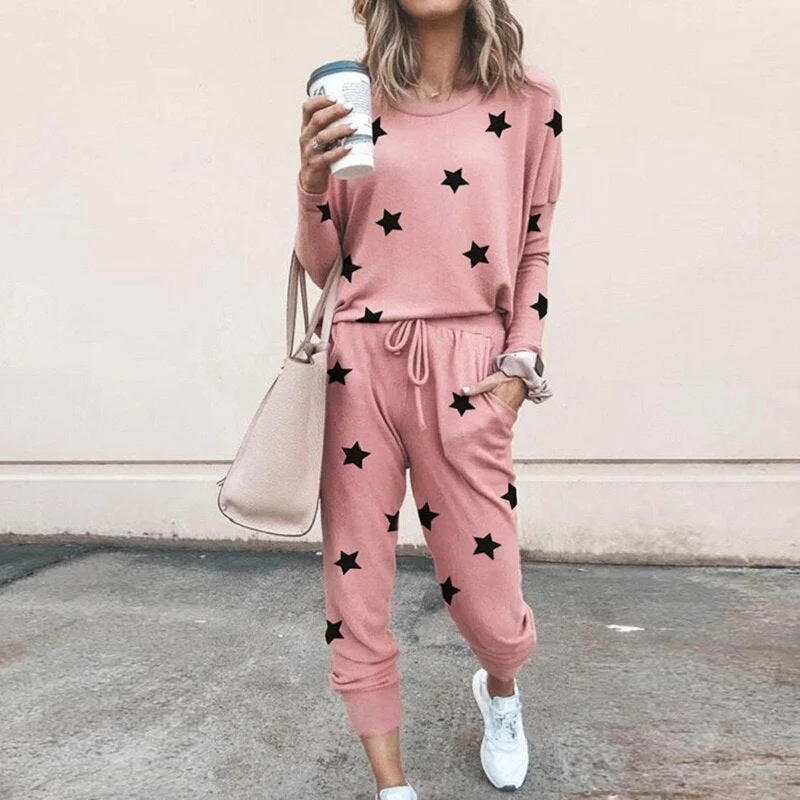 Autumn Winter 2020 New Women's Print Leisure Two Piece Suit Home Loose Sports Fashion Leisure Suit Fashion Top And Pants S-3XL