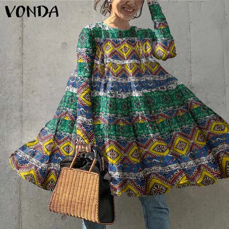 VONDA Autumn Dress Casual Long Sleeve O Neck Floral Print Ruffle Dresses Oversized Baggy Cotton Sundress Femme Bohemian Vestidos
