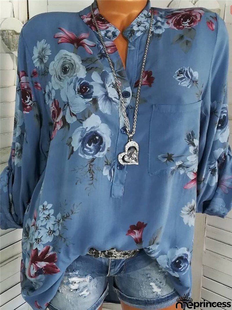 Women's Beautiful Floral Printed Long Sleeve V neck Blouses