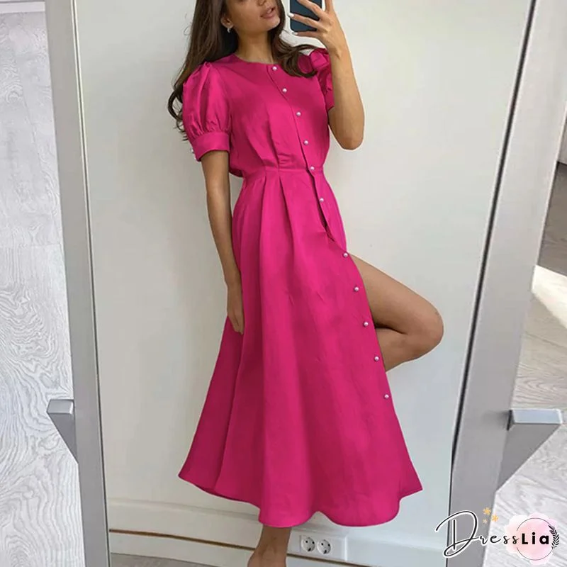 Women Stain Swing Long Dress Belted Puff Short Sleeve V Neck Loose Casual Party Cocktail Dress Vestidos