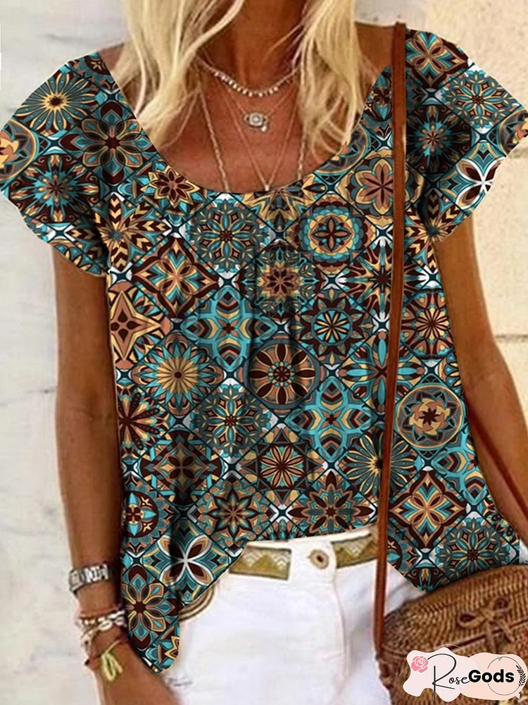 Geometric Vacation Round Neck Tribal Short Sleeve T-Shirt