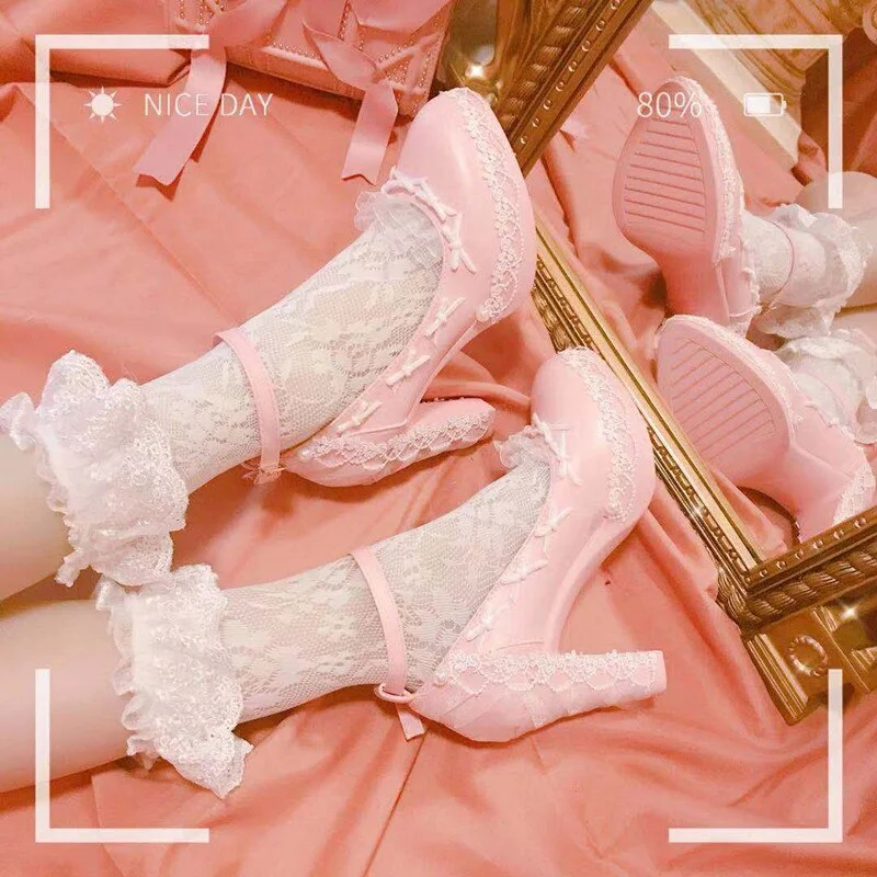 Kawaii Pink Sweet Lace Bowknot Lolita Platform High Heels BE535