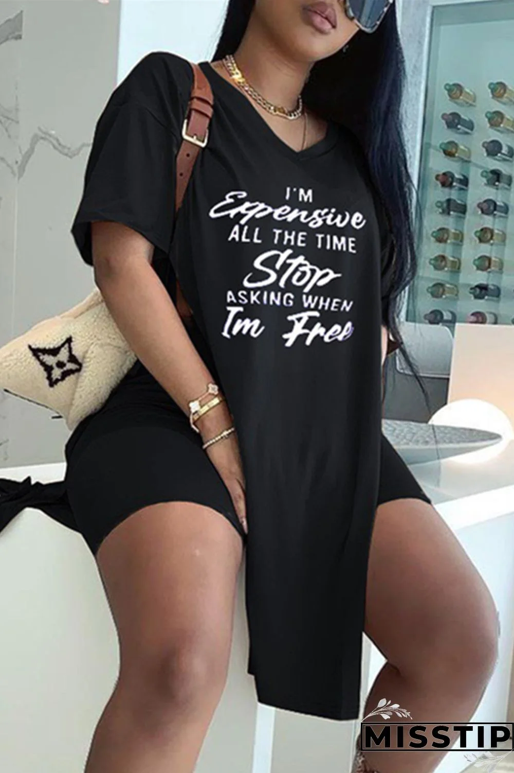 Black Fashion Casual Letter Print Slit V Neck Short Sleeve Two Pieces