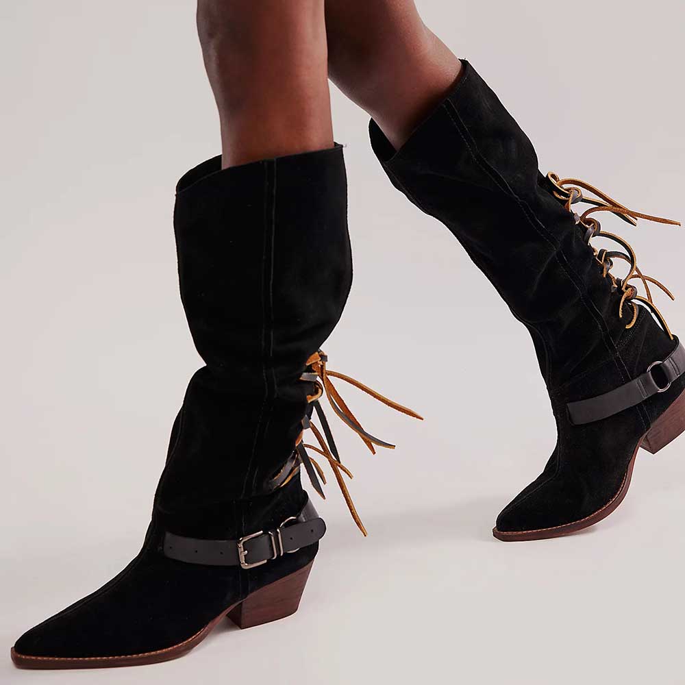 Black Faux Suede Pointed Toe Brown Lace-Up Western Slouch Boots