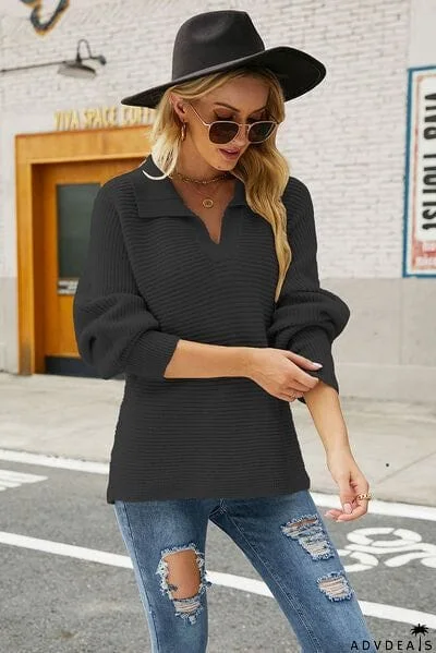 Ribbed Johnny Collar Pullover Sweater