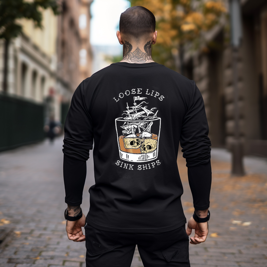 LOOSE LIPS SINK SHIPS Skulls Ship in the Water Graphic Print Longsleeves Shirt