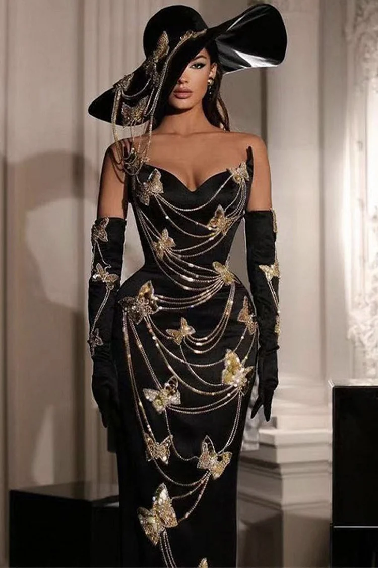 Butterfly Rhinestone Chain Spaghetti Strap Maxi Dress-Black