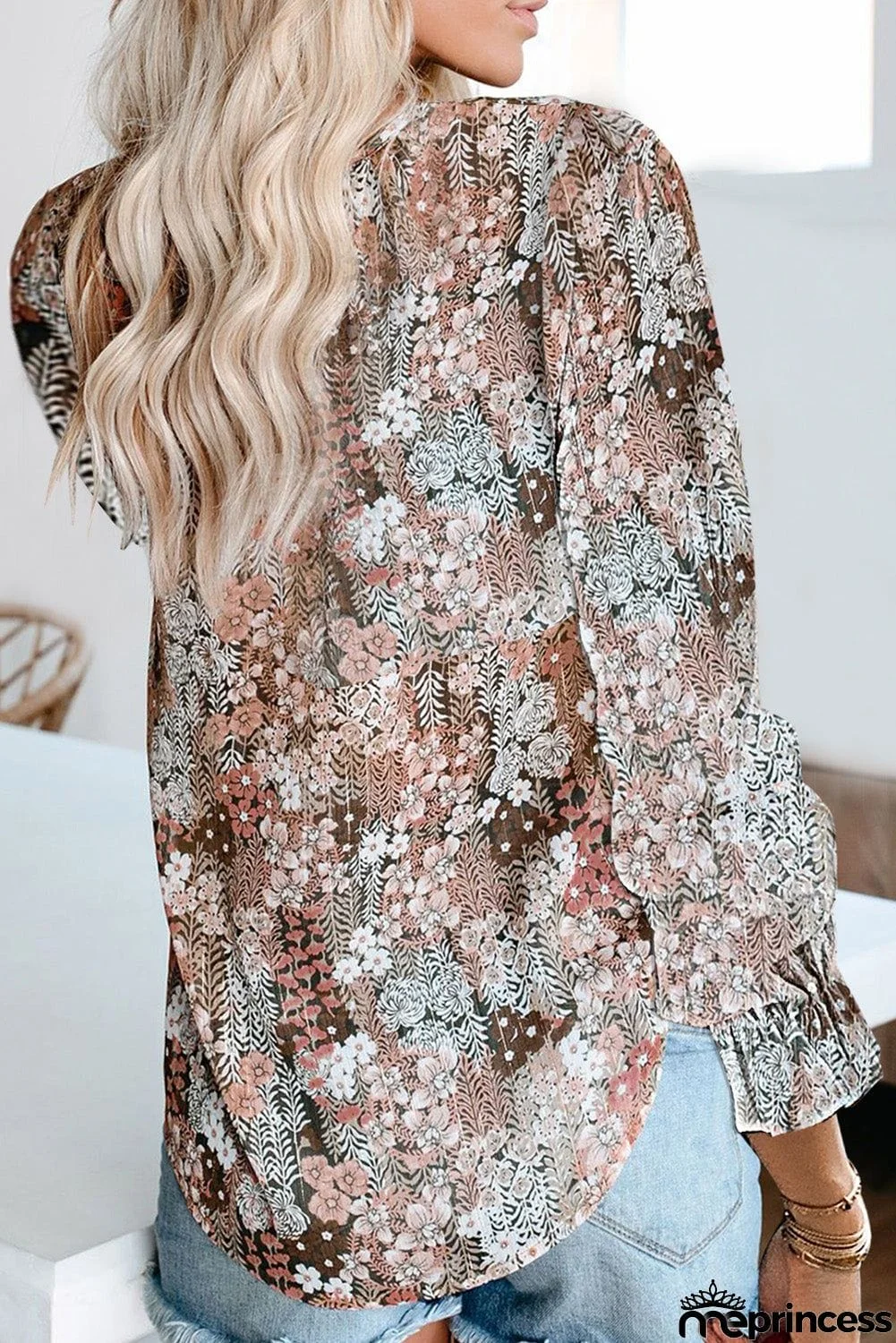 Printed Long Sleeve V-Neck Drawstring Shirt