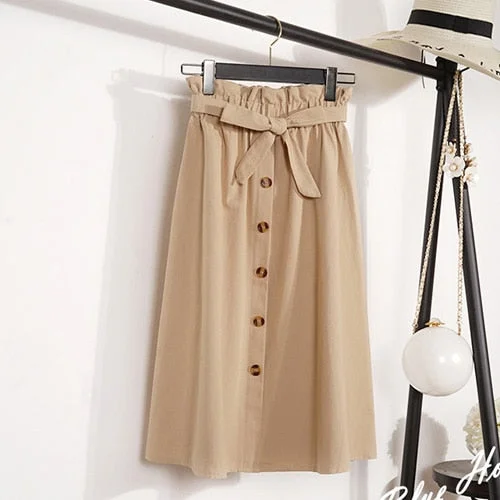 Summer Autumn Skirts Womens 2021 Midi Knee Length Korean Elegant Button High Waist Skirt Female Pleated School Skirt