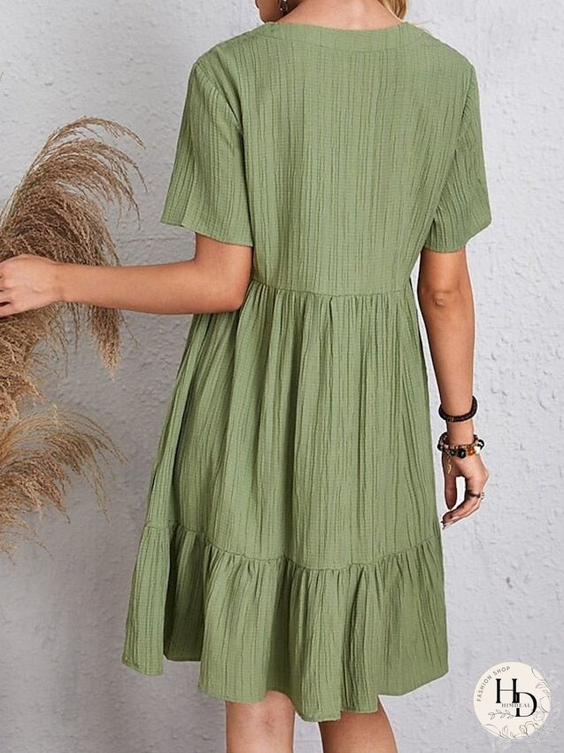 Casual Dress Shift Dress Plain Dress Plain Ruffle V Neck Midi Dress Basic Classic Outdoor Daily Short Sleeve Loose Fit Black Pink Red Spring Summer S M L XL XXL for Women