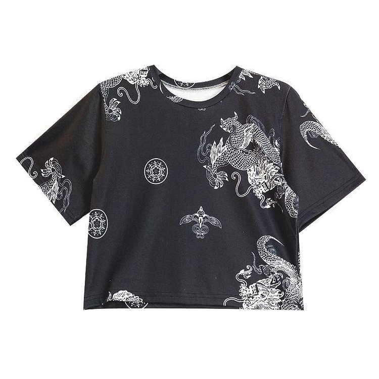Dragon Print High Neck Short Sleeve Top
