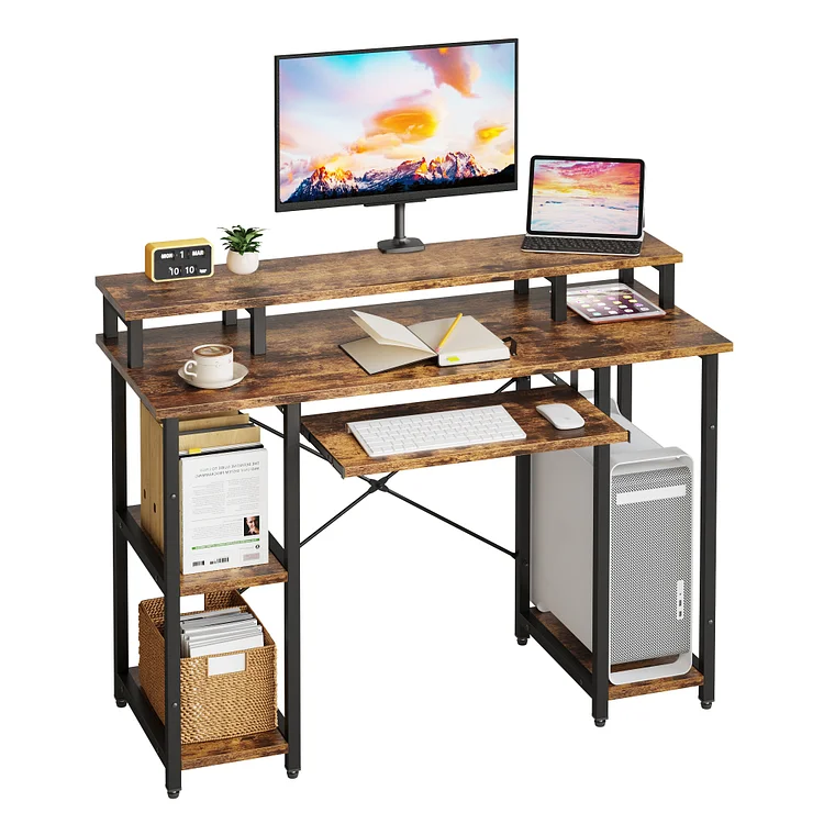 Desk with Monitor Shelf, 46 inches Home Office Desk with Open Storage Shelves, Writing Gaming Study Table Workstation for Small Space
