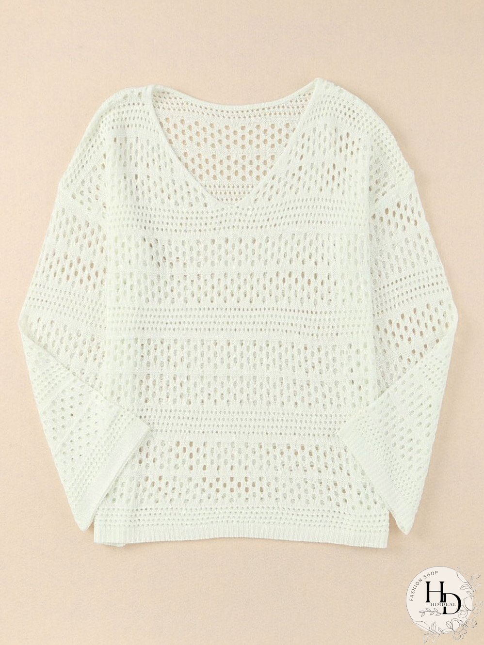 White Crochet V Neck Pullover Sweater with Hollow Out Detail