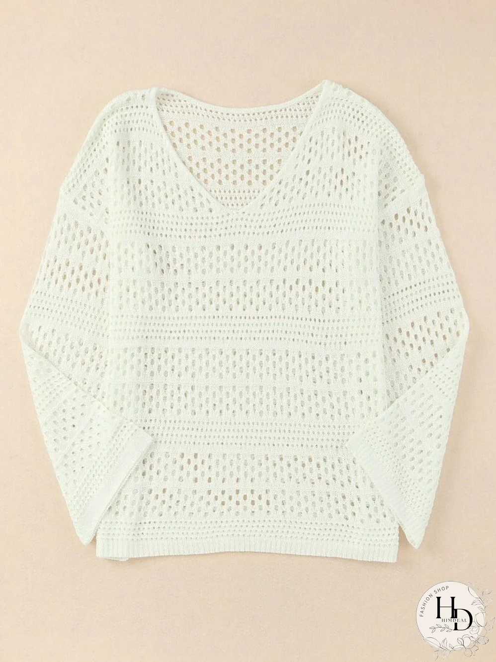 White Crochet V Neck Pullover Sweater with Hollow Out Detail
