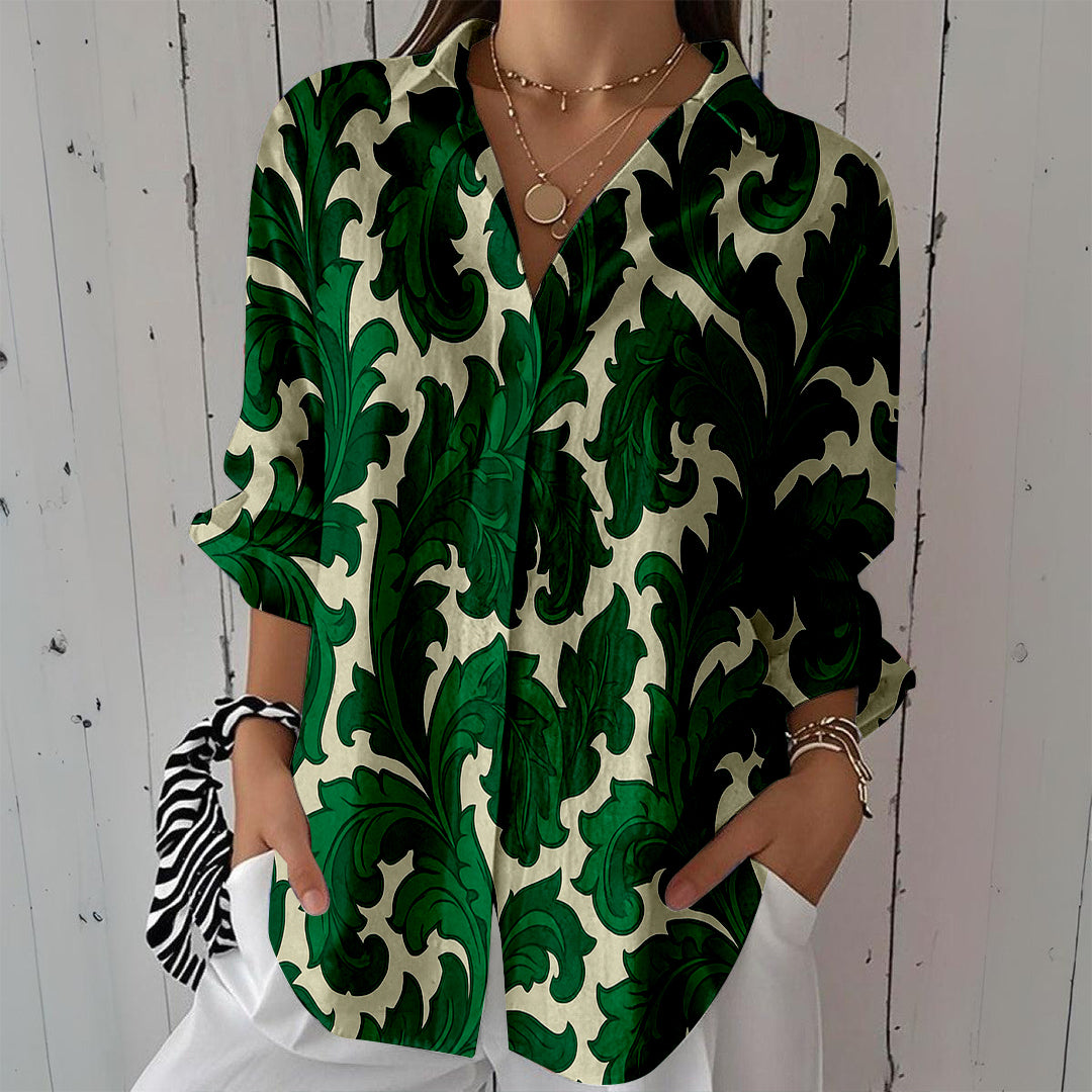 Women Long Sleeve V-neck Graphic Floral Printed Top