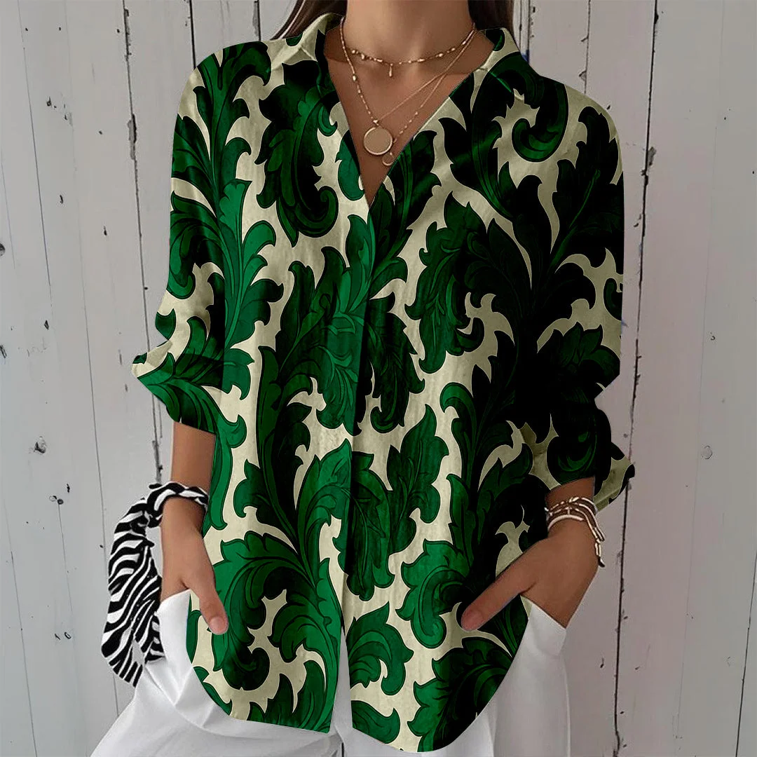 Style & Comfort for Mature Women Women Graffiti, Green DZCL0158 3/4 Sleeve Shirt Collar Printed Button Tops