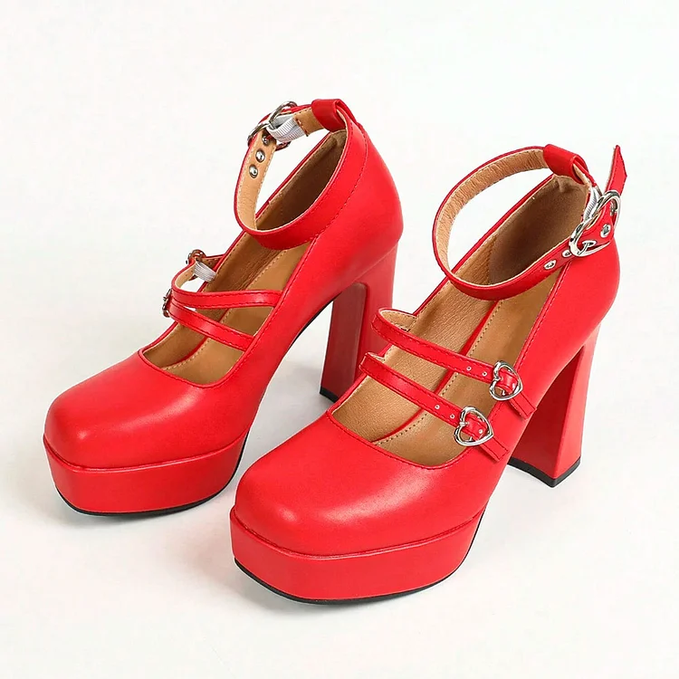 Red Ankle Strap Heart Buckle Platform Mary Janes High Heels Shoes |FSJ Shoes