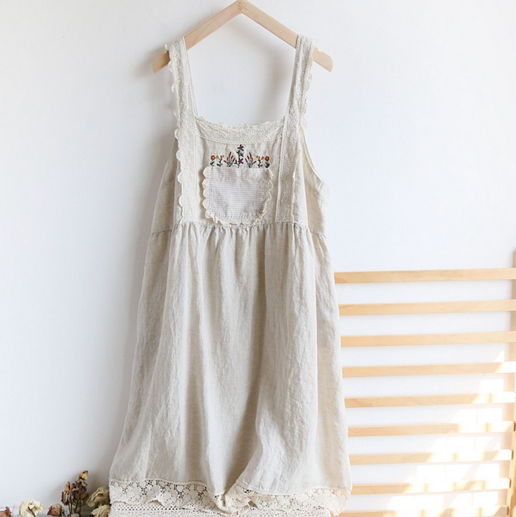 Queenfunky cottagecore style Super Cute Linen Embroidered Overall Dress QueenFunky