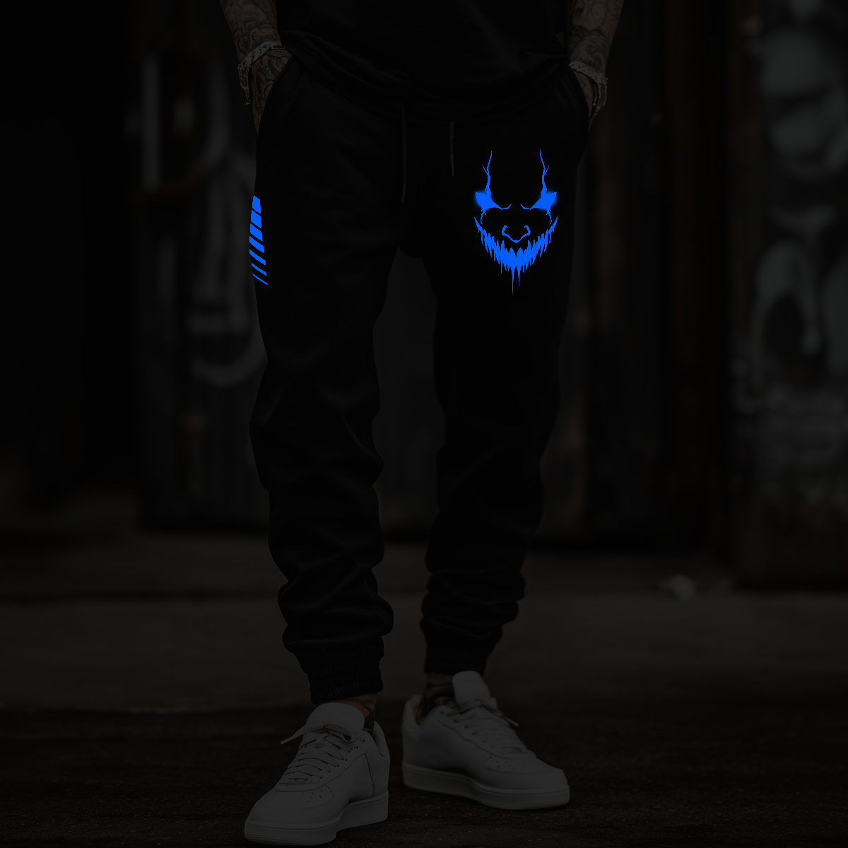 Luminous Demon Face Print Jogger Pants