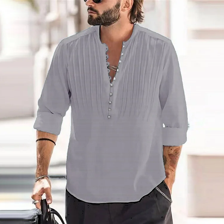 BrosWear V-Neck Button-Up Cotton Linen Shirt