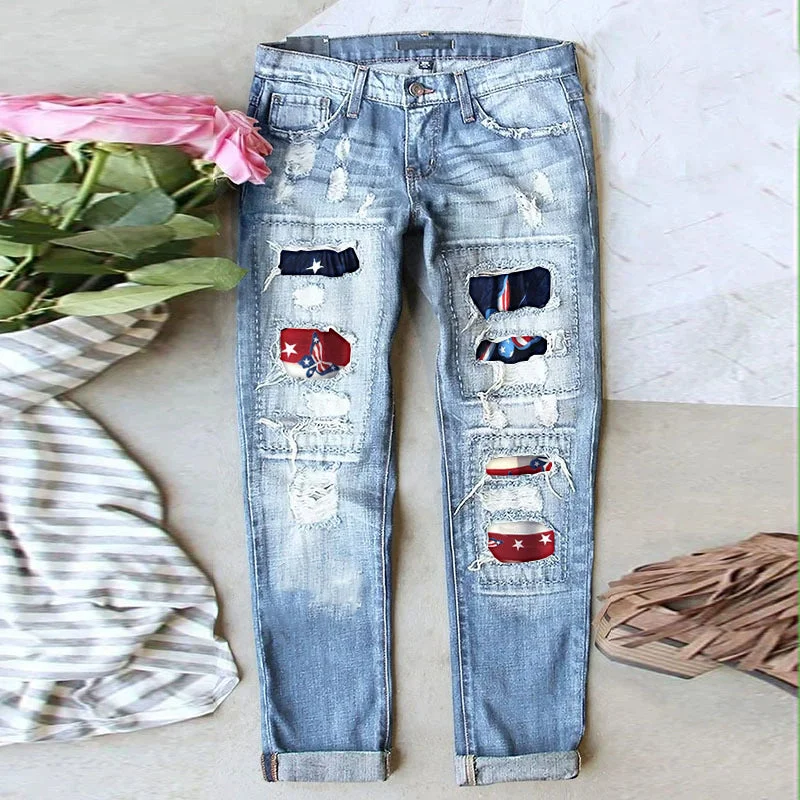 Stretch Ripped Frayed Raw Hem Distressed Denim Jeans with Holes and Pockets Navy, Red, American Flag