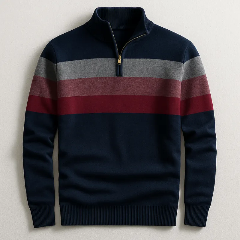 Men's Cotton Quarter-Zip Sweater &ndash; Striped Knit Jumper &ndash; Navy