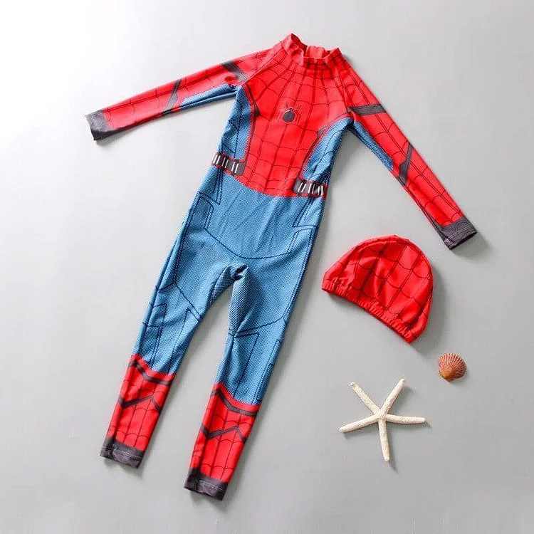 Kids Spider Man Bodysuit Girls Boys One Piece Rashguard Swimsuit N Hat-Mayoulove