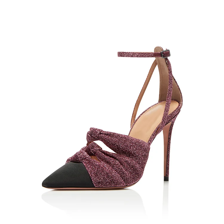 Maroon and Black Bow Heels Ankle Strap Heels Stilettos Pumps |FSJ Shoes