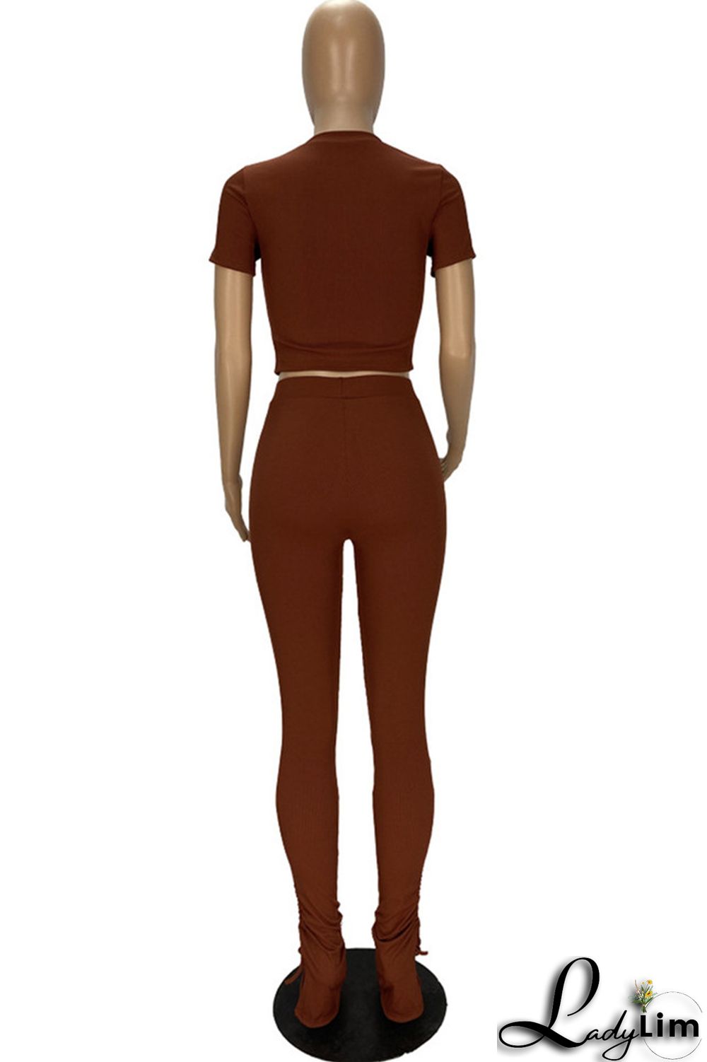 Khaki Fashion Casual Solid Draw String Frenulum O Neck Short Sleeve Two Pieces