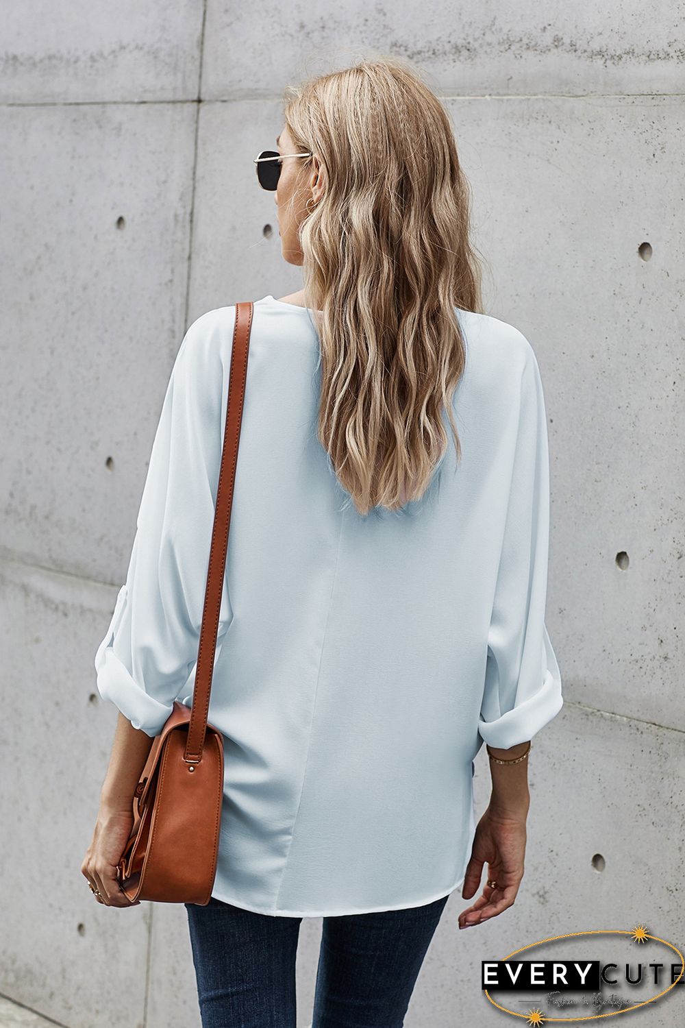 White V Neck 3/4 Sleeve High Low Hem Shirt