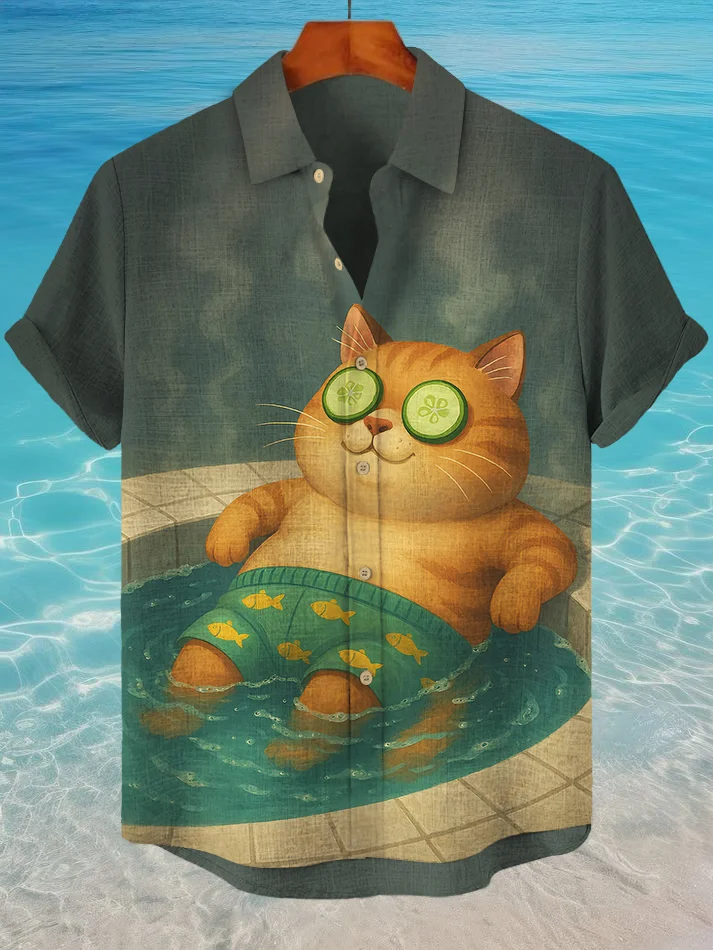 Men's This Cat Enjoys A Hot Spring Print Short Sleeve Shirt