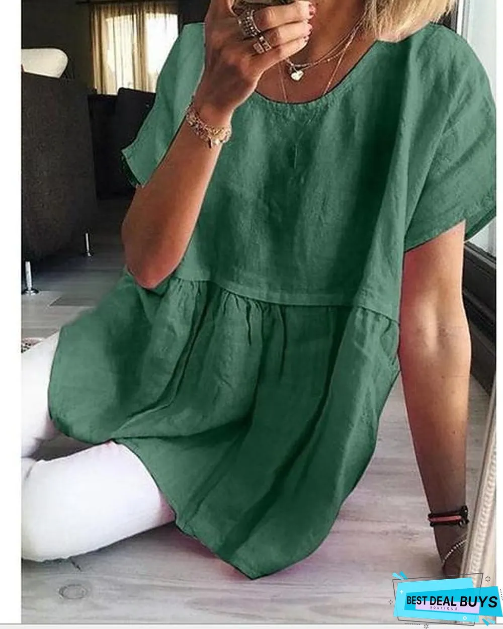 Womens Tunic Solid Colored Plain Round-neck Tops Basic Top Yellow Blushing Pink Green