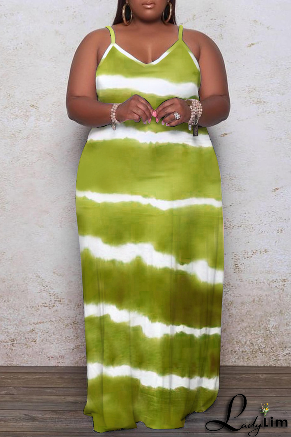 Light Green Casual Print Split Joint Spaghetti Strap Straight Plus Size Dresses