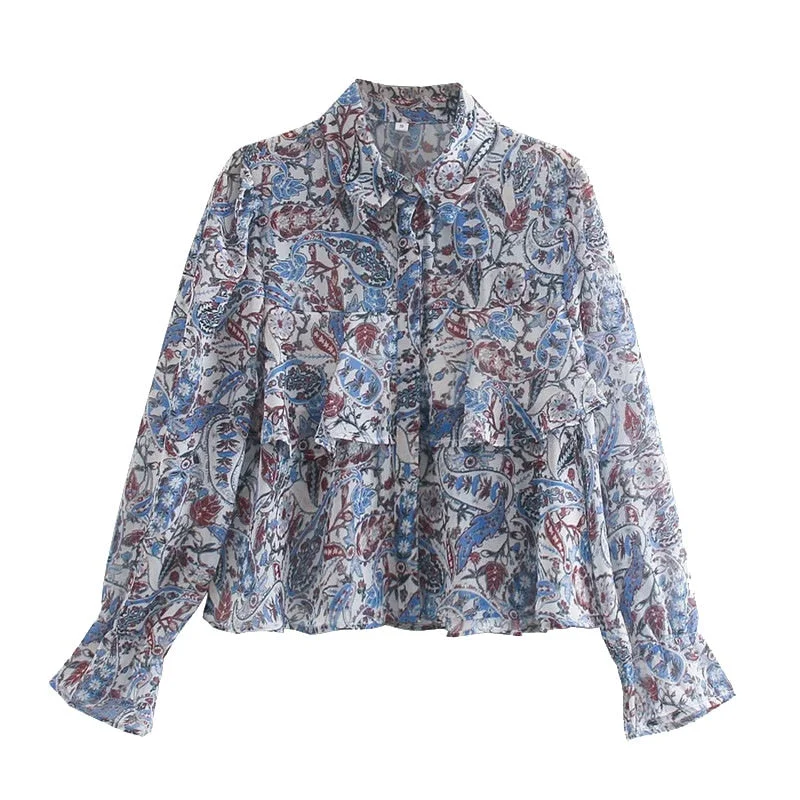 TRAF Women Fashion Paisley Print Ruffled Cropped Blouses Vintage Long Sleeve Button-up Female Shirts Blusas Chic Tops