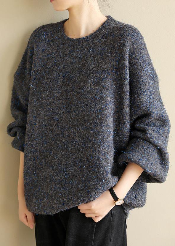 VCSHOES dark black gray knit tops long sleeve o neck knitwear