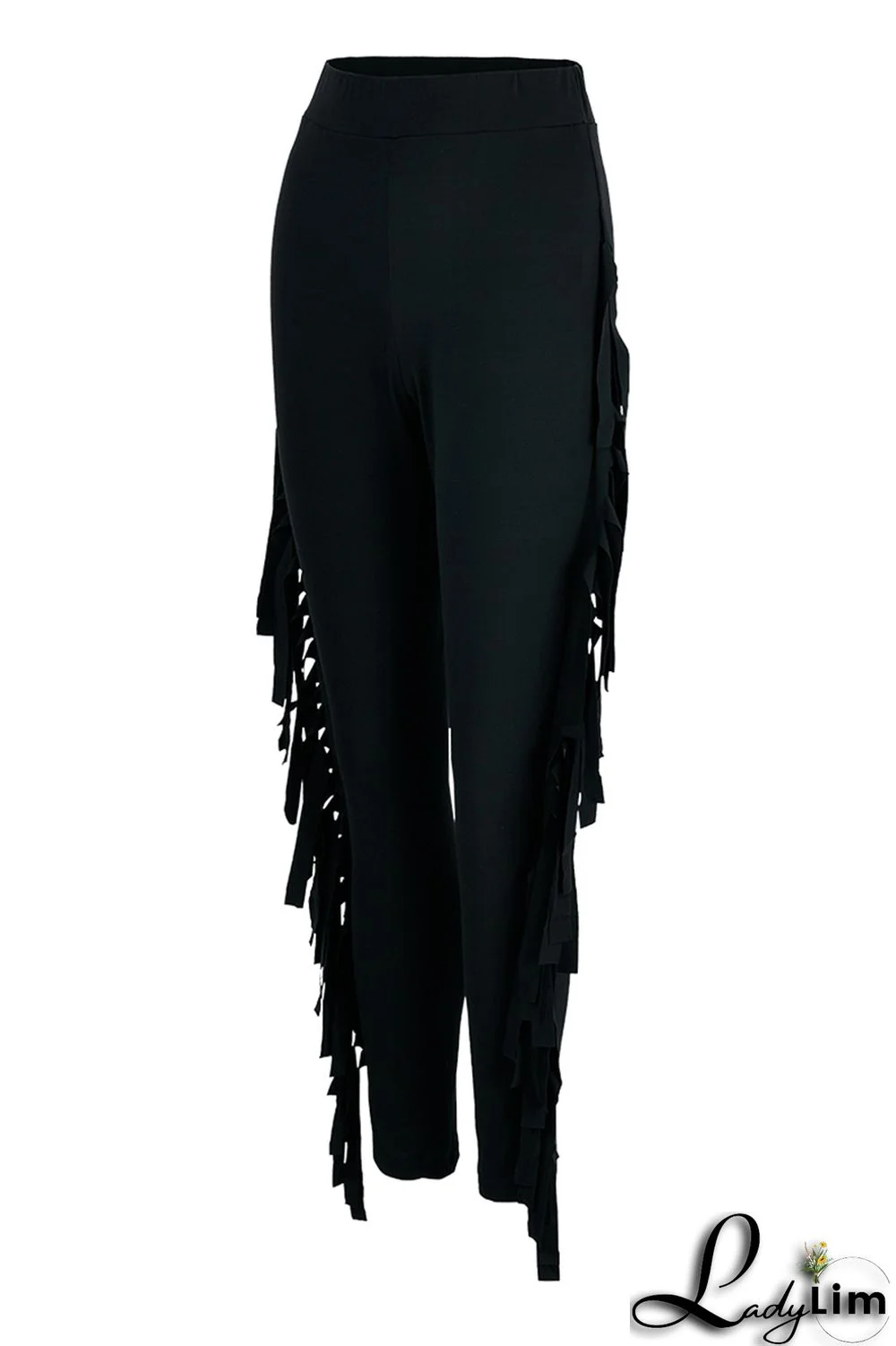 Black Fashion Casual Solid Tassel Regular High Waist Pencil Trousers