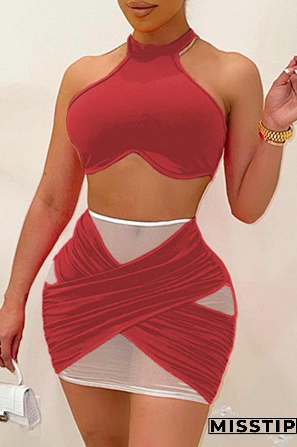 Red Sexy Solid Mesh Halter Sleeveless Two Pieces