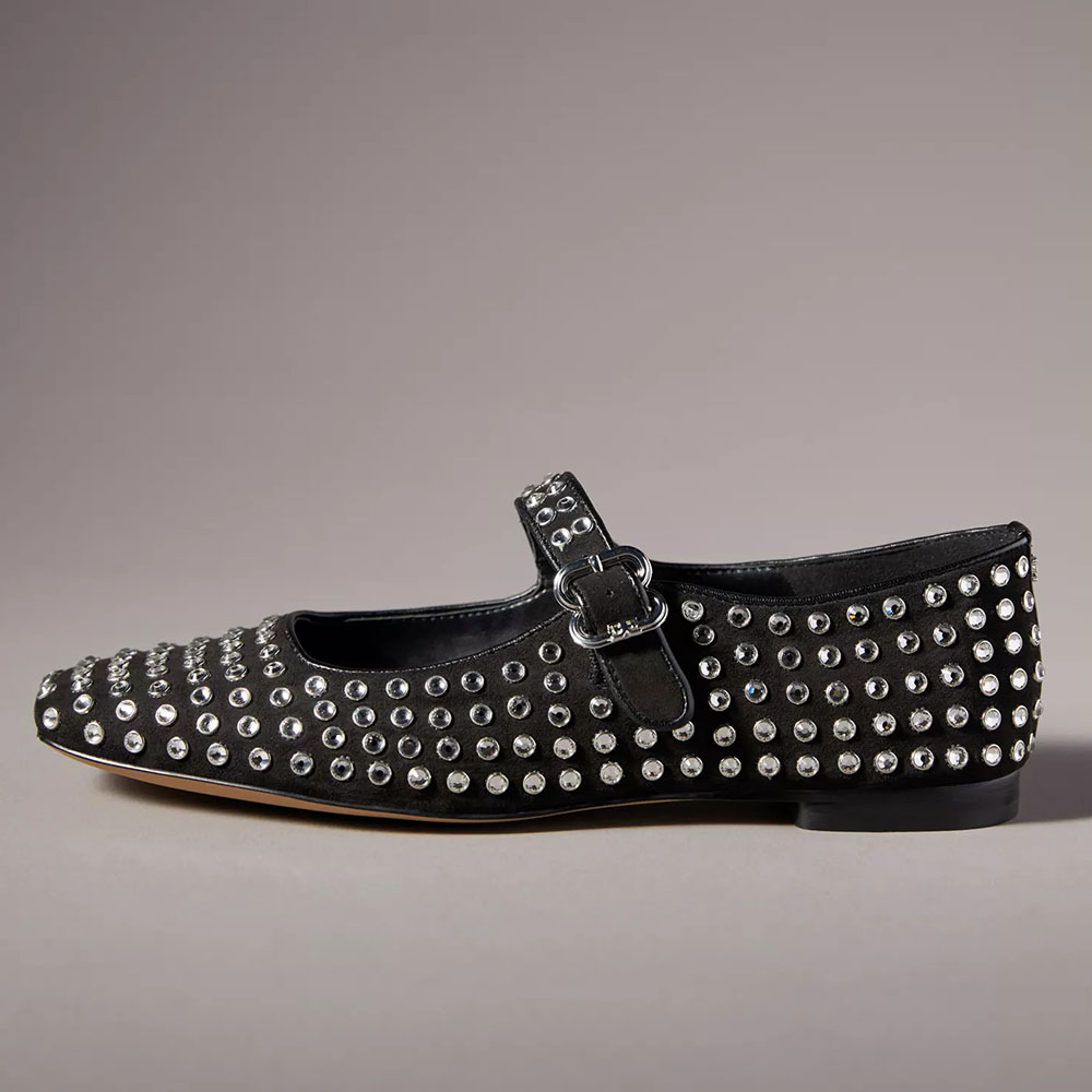 Black Square Toe Studded Buckle Fastening Mary Jane Flats Nicepairs